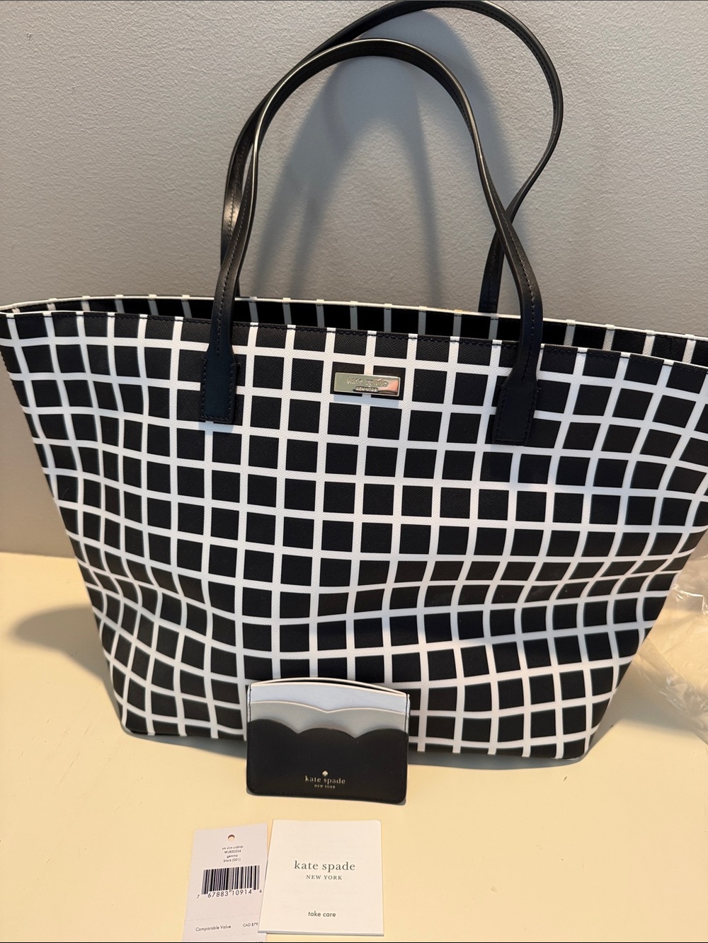kate spade Black and White Grid Tote with bonus new card holder.